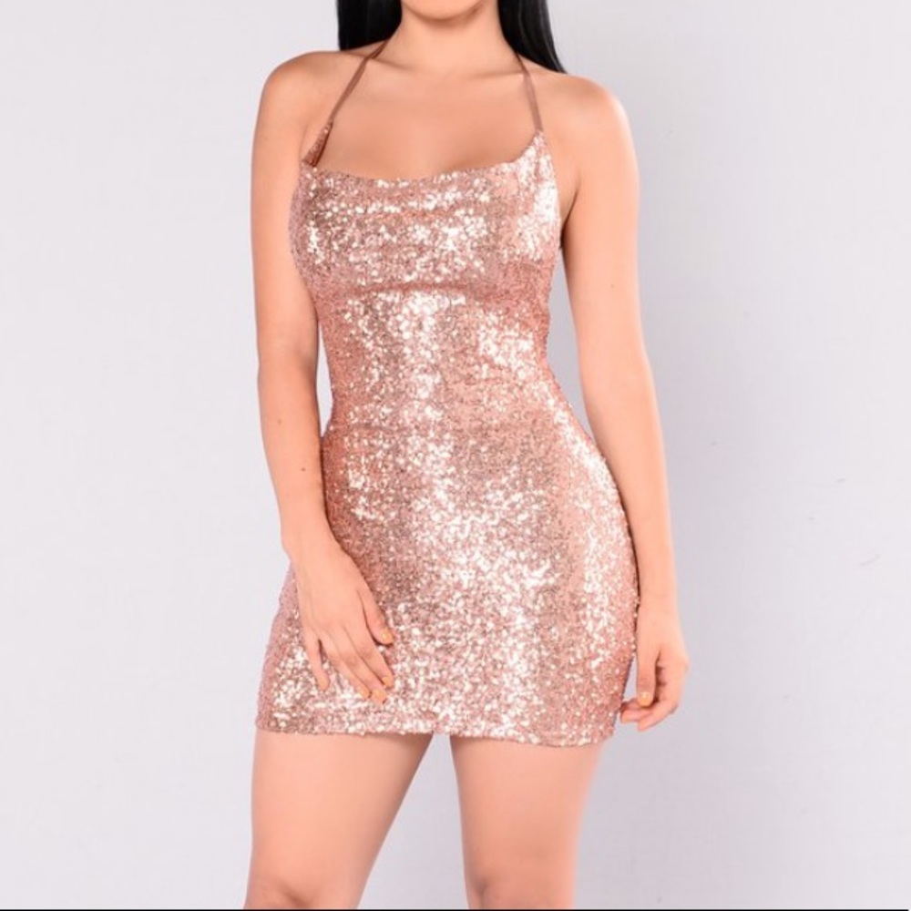 Open back rose gold sequin mini dress